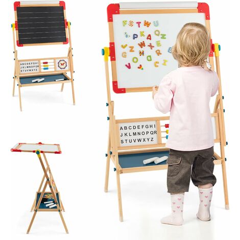 COSTWAY 3 in 1 Kinderstaffelei 360°drehbar, stehende Holzstaffelei mit doppelseitigem Zeichenbrett, Kindertafel aus Kiefernholz mit Ablage, Papierrolle, Abakus, Uhr & Alphabet für Kinder ab 3 Jahren