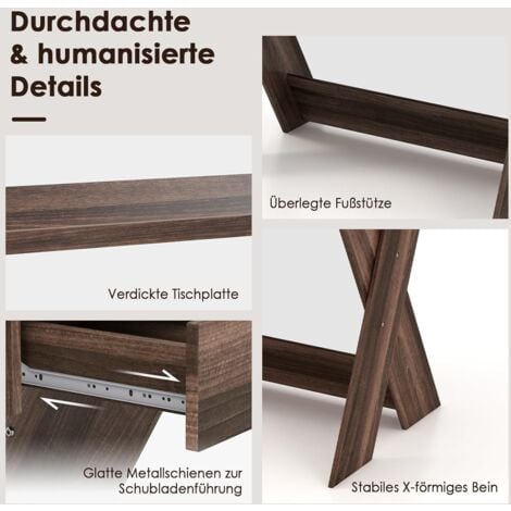 COSTWAY Computertisch mit Schublade, Schreibtisch mit Monitorerhöhung, Arbeitstisch X-förmig, aus Holz, für kleine Räume Zuhause und im Büro, 90 x 61 x 94 cm (Walnuss)