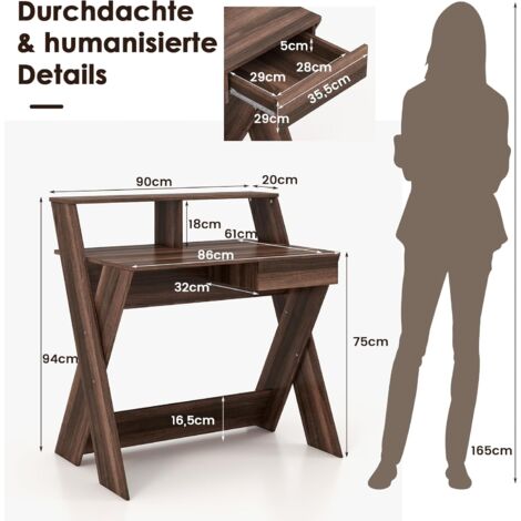 COSTWAY Computertisch mit Schublade, Schreibtisch mit Monitorerhöhung, Arbeitstisch X-förmig, aus Holz, für kleine Räume Zuhause und im Büro, 90 x 61 x 94 cm (Walnuss)