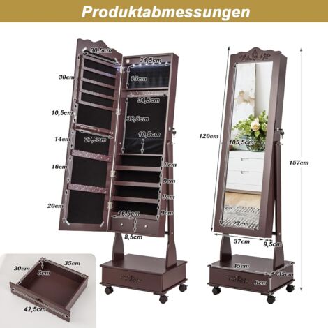 LZQ Schmuckschrank Mit Spiegel & LED - 3-in-1 Schmuckorganizer Mit Rädern 170cm