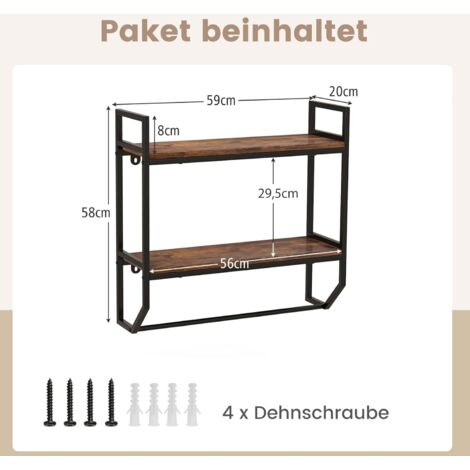 COSTWAY 2 Ebenen Wandregal Holz Industrial, Schweberegal mit Stange, Regal mit Metallrahmen, ideal für Wohnzimmer, Küche und Badezimmer