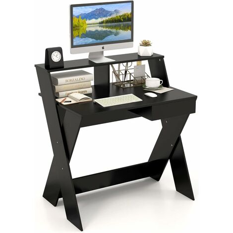COSTWAY Computertisch mit Schublade, Schreibtisch mit Monitorerhöhung, Arbeitstisch X-förmig, aus Holz, für kleine Räume Zuhause und im Büro, 90 x 61 x 94 cm (Schwarz)