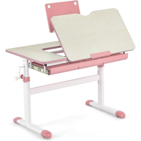 COSTWAY Kinderschreibtisch höhenverstellbar 51-73cm, mit neigbarer Tischplatte, Bücherständer, Schublade, für 3-12 Jahre Kinder Rosa