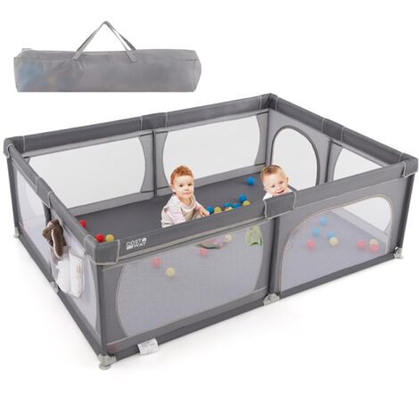 COSTWAY Baby Laufstall mit 50 Bällen & 2 Türen, Laufgitter mit Seitentasche, atmungsaktivem Netz & Reißverschluss, Laufgitterzelt für Säuglinge & Kleinkinder, 205 x 147cm(Dunkelgrau, Ohne Matratze) (1/5)