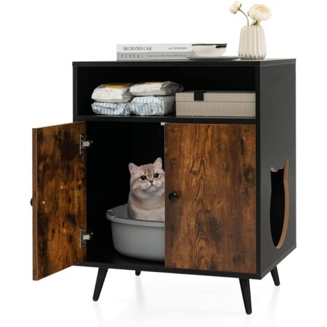 COSTWAY Katzenschrank Katzentoilette, Katzenhaus mit Doppeltüren & Eingang & offenem Regal, Katzenhöhle Katzenklo Schrank, Katzenmöbel Beistelltisch, für Katzen Hunde Haustier, Braun+Schwarz