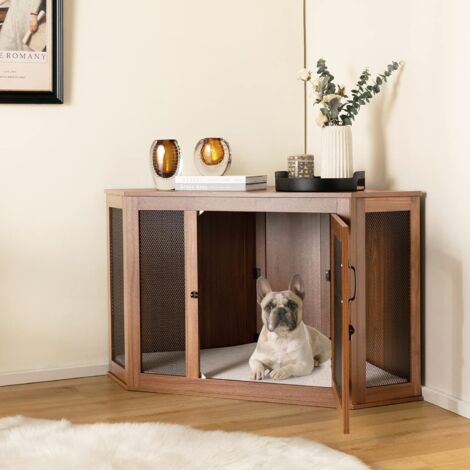 COSTWAY Eck-Hundekäfig, Hundehütte mit Tür & Kissen, Haustierkiste Möbelstil für kleine Hunde Katze Haustier, Tierkäfig für kleine Räume, Hundehaus Haustierhaus Zuhause Innen, Braun