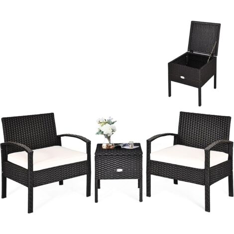 COSTWAY 3teiliges Gartenmöbel Set, Balkonmöbel mit Kissen, Polyrattan
