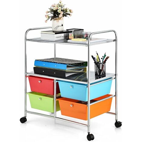 COSTWAY Rollwagen mit 4 stapelbaren Schubladen, Schubladenwagen Rollcontainer mit Metallgestell und Ablageflächen, Badrollwagen Aufbewahrungswagen für Büro, Wohnzimmer (Bunt)