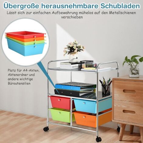 COSTWAY Rollwagen mit 4 stapelbaren Schubladen, Schubladenwagen Rollcontainer mit Metallgestell und Ablageflächen, Badrollwagen Aufbewahrungswagen für Büro, Wohnzimmer (Bunt)