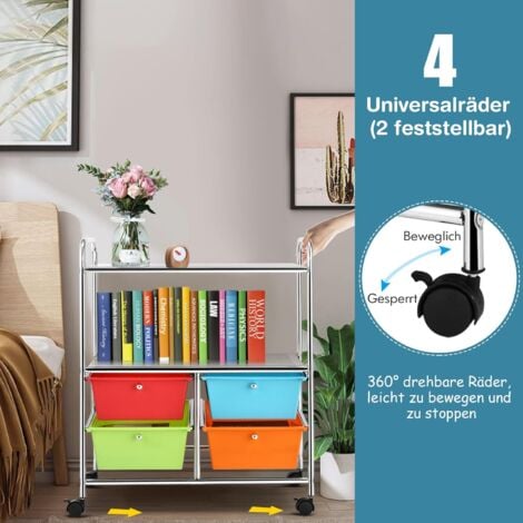 COSTWAY Rollwagen mit 4 stapelbaren Schubladen, Schubladenwagen Rollcontainer mit Metallgestell und Ablageflächen, Badrollwagen Aufbewahrungswagen für Büro, Wohnzimmer (Bunt)