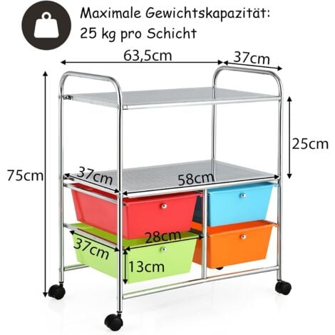 COSTWAY Rollwagen mit 4 stapelbaren Schubladen, Schubladenwagen Rollcontainer mit Metallgestell und Ablageflächen, Badrollwagen Aufbewahrungswagen für Büro, Wohnzimmer (Bunt)
