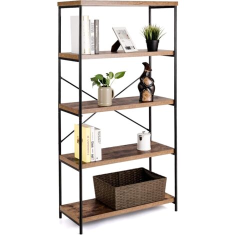 COSTWAY Bücherregal mit 5 Ebenen, Standregal mit Metallrahmen, freistehendes Regal, Büroregal für Wohnzimmer, Schlafzimmer, Arbeitszimmer, 79 x 35 x 160 cm, Industrie-Design (Braun) (1/5)