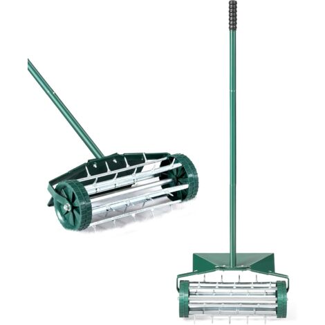 COSTWAY Rasenlüfter Walze, Rasenrolle mit Stiel & 3cm Nägeln & Spritzschutz, Handvertikutierer rollend, Rasenbelüfter manuell, Vertikutierer Rasenwalze Garten Hof Rasen, 46 x 23 x 127 cm, Grün