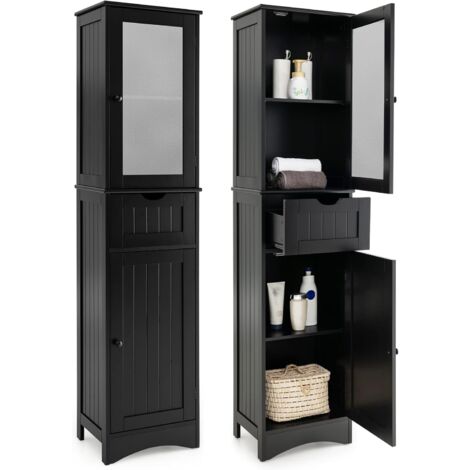 COSTWAY Badezimmerschrank Hoch 168cm - Mit Schublade & Glasfront In Schwarz/Weiß