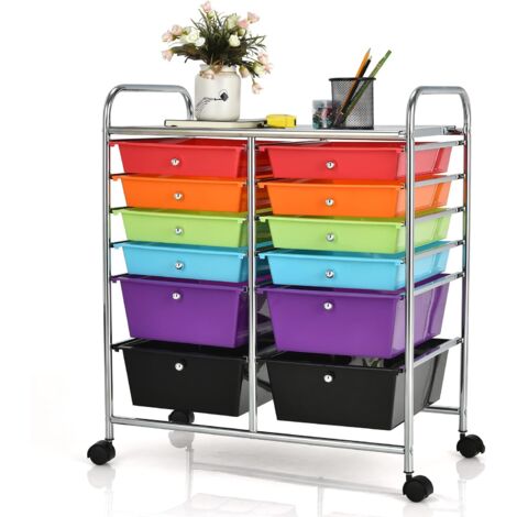 COSTWAY Rollwagen mit 12 stapelbaren Schubladen, Schubladenwagen Rollcontainer mit Metallgestell und Ablagefläche, Badrollwagen Aufbewahrungswagen für Büro, Wohnzimmer (Bunt) (1/5)