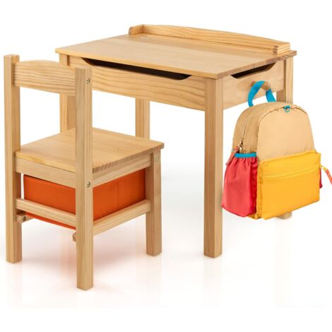 COSTWAY Kindertisch mit Stuhl, Schreibtisch aus Massivholz mit klappbarer Tischplatte, Schublade & Haken, Aktivitätstisch Kindersitzgruppe mit Stauram für Kinder ab 3 Jahren (Natur)