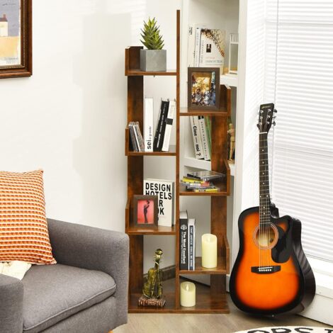 COSTWAY Bücherregal 120 Cm – 9 Fächer, Geometrisch, Freistehend, Raumteiler Aus Holz, Kippschutz, Braun