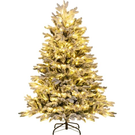 COSTWAY Künstlicher Weihnachtsbaum mit Schnee und Beleuchtung, 146 cm Tannenbaum mit 200 Warmweißen LED-Lichtern, 688 gemischten Zweigspitzen, Christbaum, Kunstbaum Weihnachten, weiß-grün (1/5)