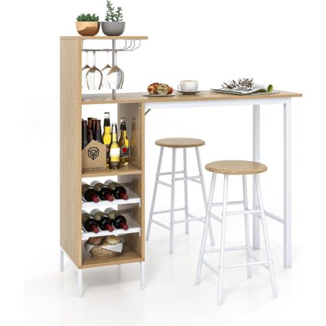 COSTWAY Bartisch mit Barhocker Set 2 Personen, 3 TLG. Bartisch Set mit Halterungen für Weingläser und Flaschen, Küchentheke für Wohnzimmer, Esszimmer und Küche (Natur)