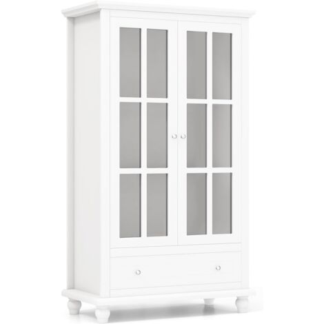 COSTWAY Bücherschrank, Vitrinenschrank mit Türen aus gehärtetem Glas, verstellbarem Regal & Schublade, Büroschrank, Aktenschrank für Heimbüro und Wohnzimmer, 80 x 40 x 139 cm, Weiß (1/5)