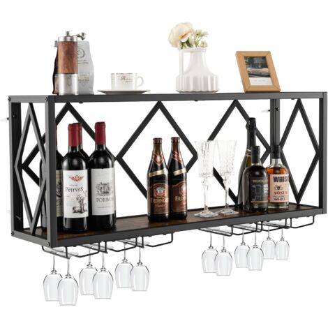 COSTWAY Weinregal Wand, 2 Ebenen Flaschenregal Holz mit Metallrahmen, mit 6 Reihen Weingläserhalter, Industrial Design, ideal für Zuhause, Bar, Küche und Restaurant (1/5)