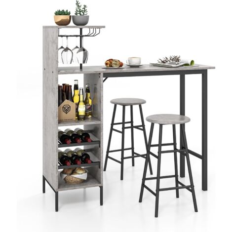 COSTWAY Bartisch mit Barhocker Set 2 Personen, 3 TLG. Bartisch Set mit Halterungen für Weingläser und Flaschen, Küchentheke für Wohnzimmer, Esszimmer und Küche (grau)