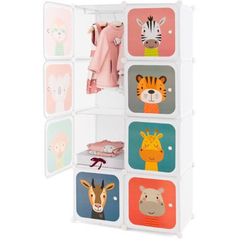 COSTWAY Kinderregal erweiterbar, Regalsystem mit 8 Würfeln, Kleiderschrank Aufbewahrungsschrank aus Kunststoff mit Türen & Aufhänger für Kinderzimmer Schlafzimmer