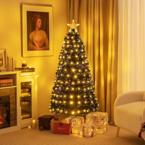 COSTWAY 150 cm Knstlicher Weihnachtsbaum mit Beleuchtung, Tannenbaum mit 8  Beleuchtungsmodi, 170 Warmweien LED-Lichtern, Christbaum in  Glasfaseroptik, Beleuchtetem Stern, Kunstbaum Weihnachten