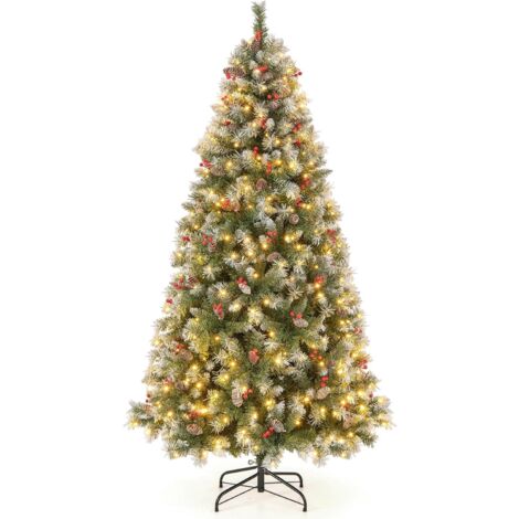 COSTWAY 195 cm Künstlicher Weihnachtsbaum mit Beleuchtung, Schnee, Tannenzapfen und roten Beeren, Tannenbaum mit 8 Beleuchtungsmodi, 420 Warmweißen LED-Lichtern, Christbaum, Kunstbaum Weihnachten (1/5)