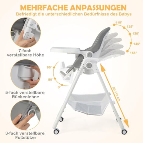COSTWAY Babyhochstuhl Klappbar – 7-fach Höhenverstellbar, Mit Tablett, 5-Punkt-Gurt & Korb (6-36 Monate)