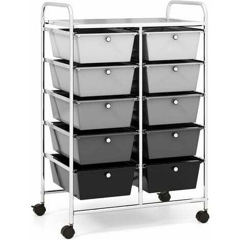 COSTWAY Rollwagen mit 10 stapelbaren Schubladen, Schubladenwagen Rollcontainer mit Metallgestell und Ablagefläche, Badrollwagen Aufbewahrungswagen für Büro, Wohnzimmer, 65,5 x 37 x 87 cm(Grau-schwarz)
