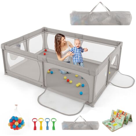 COSTWAY Baby Laufstall mit 50 Bällen & 2 Türen, Laufgitter mit atmungsaktivem Netz und Reißverschluss, Laufgitterzelt für Säuglinge und Kleinkinder, 205 x 147 cm (Grau)