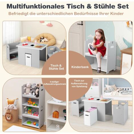 COSTWAY Kindertisch & Stuhl Mit Staffelei – 3-in-1 Sitzgruppe Mit Whiteboard, Kreidetafel & Bücherregal, Grau