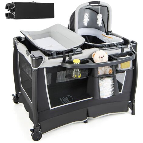 COSTWAY 6 in 1 Reisebett mit Matratze, mobile Babywiege mit verstellbarem Vordach, Babybett Beistellbett klappbar mit Wickelauflage, Spieluhr & Tragetasche für Baby bis 3 Jahre, 15 kg Belastbar (Grau)