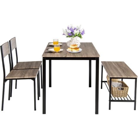 COSTWAY Esstisch Set 4-teilig, Küchentisch mit 2 Stühlen & 1 Bank & Regal, Essgruppe Sitzgruppe Industrie, Esszimmertisch Metallrahmen, Bartisch Set für Küche & Esszimmer (Grau) (1/5)
