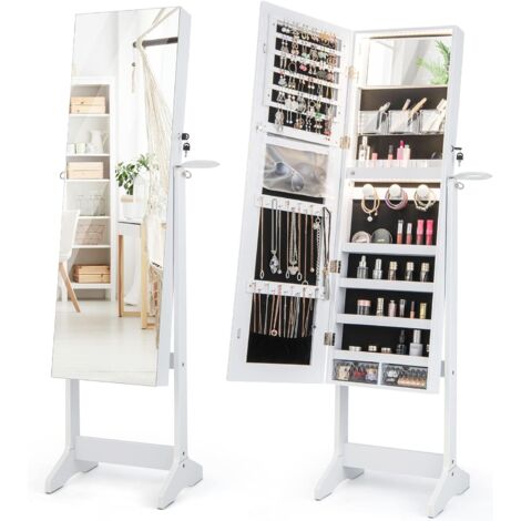 COSTWAY Schmuckschrank stehend, mit Spiegel & 3-farbigen LED-Leuchten, abschließbar mit Schmuckregal, Ablagen, weiß (1/5)