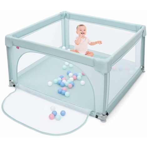COSTWAY 120 x 120cm Baby Laufstall mit 50 Spielbällen, Laufgitter mit atmungsaktivem Netz und Reißverschluss, Krabbelgitter mit Tür, Laufgitterzelt für Säuglinge und Kleinkinder Blau