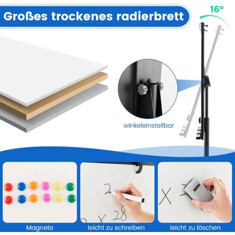 COSTWAY Dubbelzijdig mobiel whiteboard, 60 x 90 cm, in hoogte verstelbaar magnetisch whiteboard met wieltjes, standaard en pennenbakje, incl. accessoires voor school, kantoor, thuis (zwart
