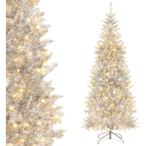COSTWAY 180 cm Bleistift Weihnachtsbaum Lametta, künstlicher Tannenbaum mit warmweißen LED-Leuchten & Metallständer, schlanker Christbaum PVC, Kunstbaum Weihnachten Büro Zuhause Geschäfte, Silber (1/5)
