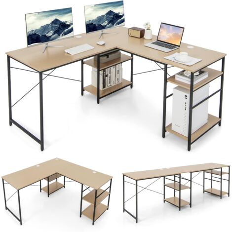 COSTWAY Schreibtisch L-Form, reversibler Eckschreibtisch mit 4 Ablagen, Ecktisch mit 3 Kabellöchern, Gaming Computertisch Bürotisch für Home Office, 151 x 151 x 75 cm (Natur, Grau, Schwarz, Rustikales