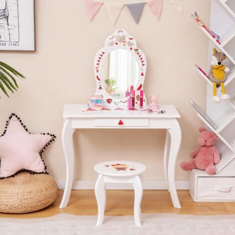 Coiffeuse Et Table à Maquillage Enfant Avec Tabouret Et Miroir Amovible Costway - Neuf