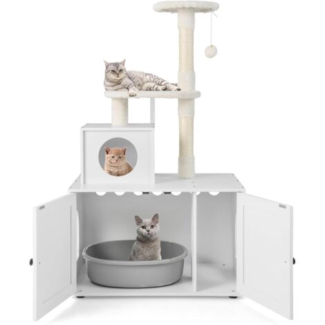 COSTWAY Kratzbaum mit Katzenschrank, All-in-One Katzenhaus aus Holz, Katzenkratzbaum mit Eingang, Höhle, Sisalstamm & Spielball, Katzenmöbel Katzenbaum, Katzen Spielhaus, 77,5x49x132 cm (Weiß)