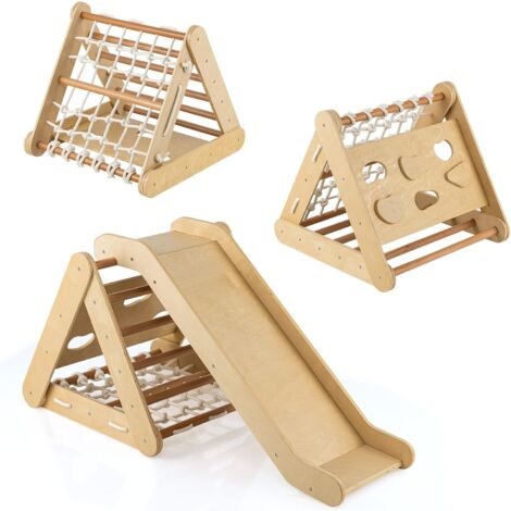 COSTWAY 4 in 1 Kletterdreieck mit Rutsche, Klettergerüst aus Holz, Sprossendreieck zum Rutschen und Klettern, für Kinder ab 1 Jahre (Natur) (1/5)