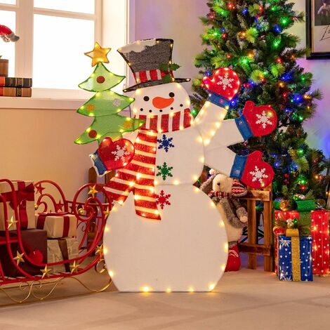 COSTWAY LED Weihnachtsdeko Schneemann, 123cm, Weihnachtsfigur mit  Weihnachtsbaum, winkender Hand, 140 warmweiß LEDs, beleuchtete Weihnachtsdekoration  außen