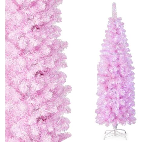 COSTWAY 180cm Künstlicher Weihnachtsbaum Bleistift, LED beleuchteter Tannenbaum mit 250 kaltweißen LEDs, schlanker Christbaum Weihnachten, Kunstbaum mit Metallständer, Rosa (1/5)
