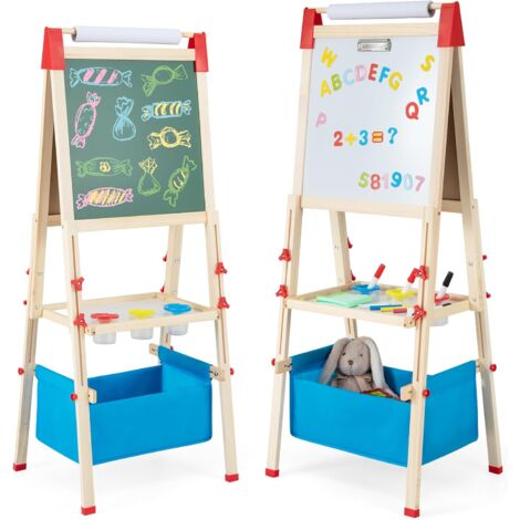 COSTWAY 3 in 1 Kinder Staffelei höhenverstellbar, Kindertafel doppelseitig, Whiteboard & Kreidetafel & Zeichenpapier mit Buchstaben, Zahlen, Kreiden & Farbstift, Standtafel mit Aufbewahungsbox (1/5)