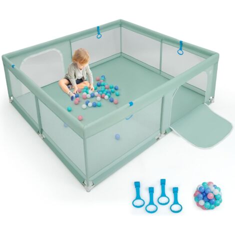 COSTWAY 200 x 180cm Laufstall baby faltbar, Laufgitter mit 50 Ozeanbällen & 4 Griffen, Krabbelgitter mit atmungsaktiver Mesh & Tür, Laufgitterzelt für Säuglinge und Kinder (Grün)