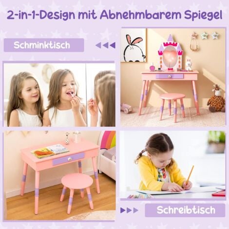 COSTWAY 2 in 1 Kinder Schminktisch mit Hocker, Schminktisch-Set aus Holz  mit Schublade, abnembarem Spiegel