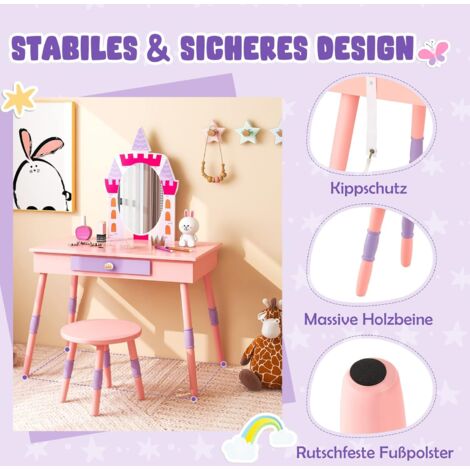 AIYAPLAY Kinder Schminktisch Set Mit Hocker – Erdbeer-Design, Spiegel, Schublade, Rosa, Für Mädchen Ab 3 Jahren