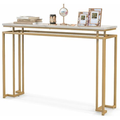 COSTWAY Konsolentisch Marmor Optik, Flurtisch schmal, Beistelltisch mit Metallrahmen, Eingangstisch für Eingangsbereich, Wohnzimmer, Flur, 120 x 30 x 80,5 cm, Gold